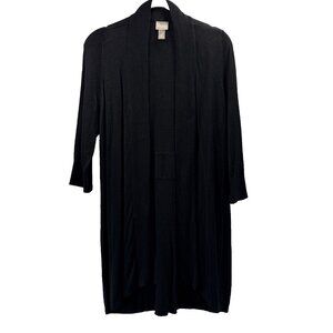 Chicos Women's Cardigan Sweater Medium Solid Black Knit 3/4 Sleeve Tunic Open